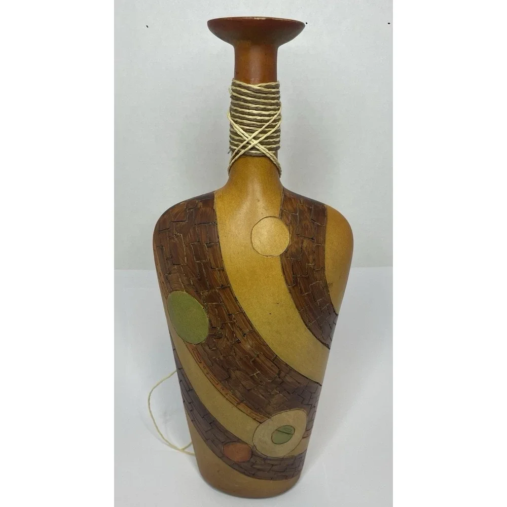 Vtg. MCM Large Polystone Vase Bottle Faux Wood Beaded Cabin Rustic Decor Rare